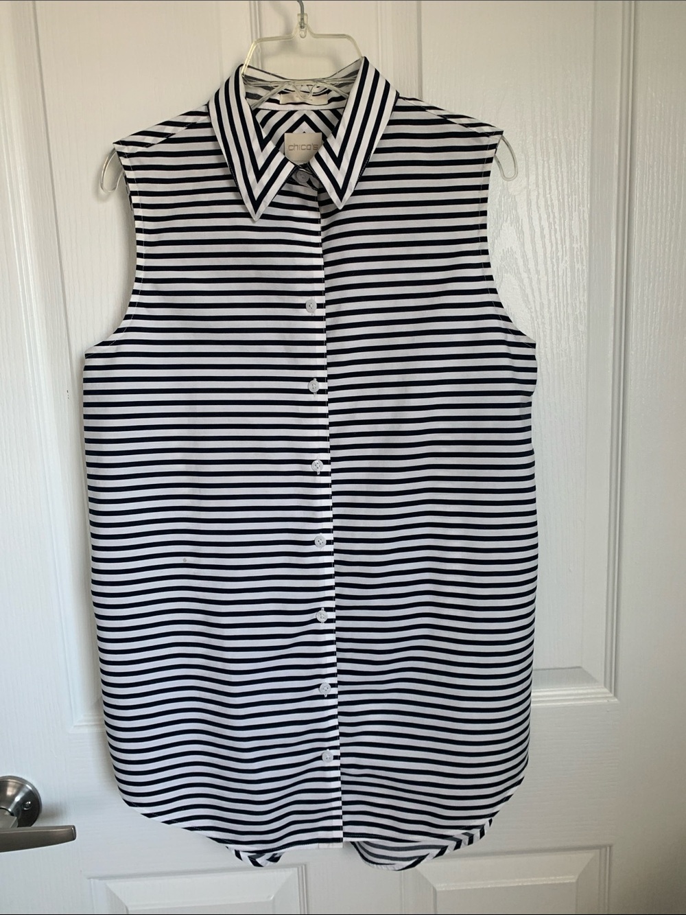 # 1/36 Chico's 0 Black and White Striped Sleeveless Button-Up Blouse